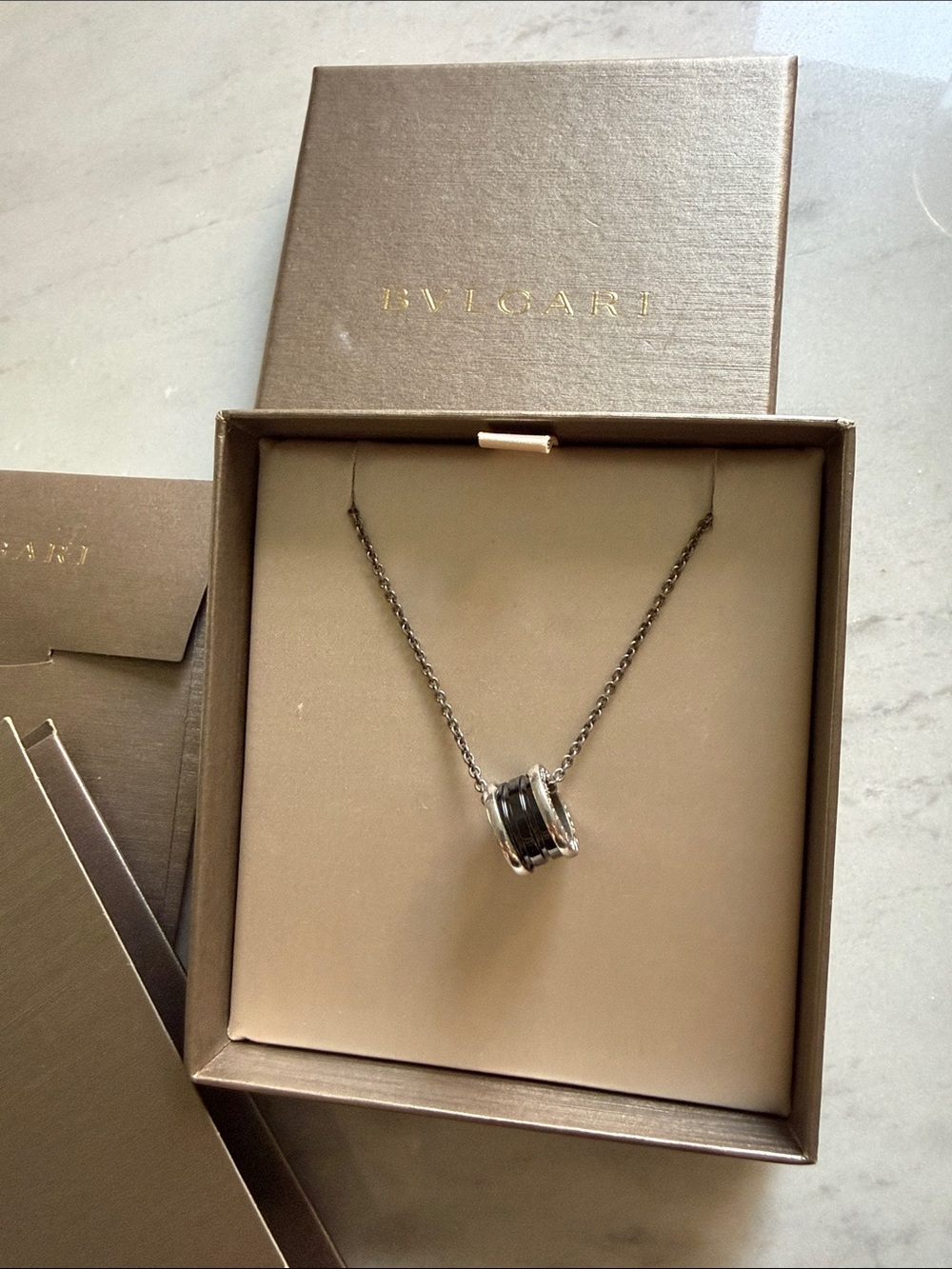 Bulgari Black and Silver B.zero1-Style Ceramic Ring Pendant Necklace